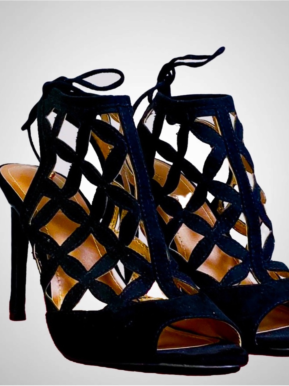 BCBG Black Lattice Tie-Up Stiletto Sandals
